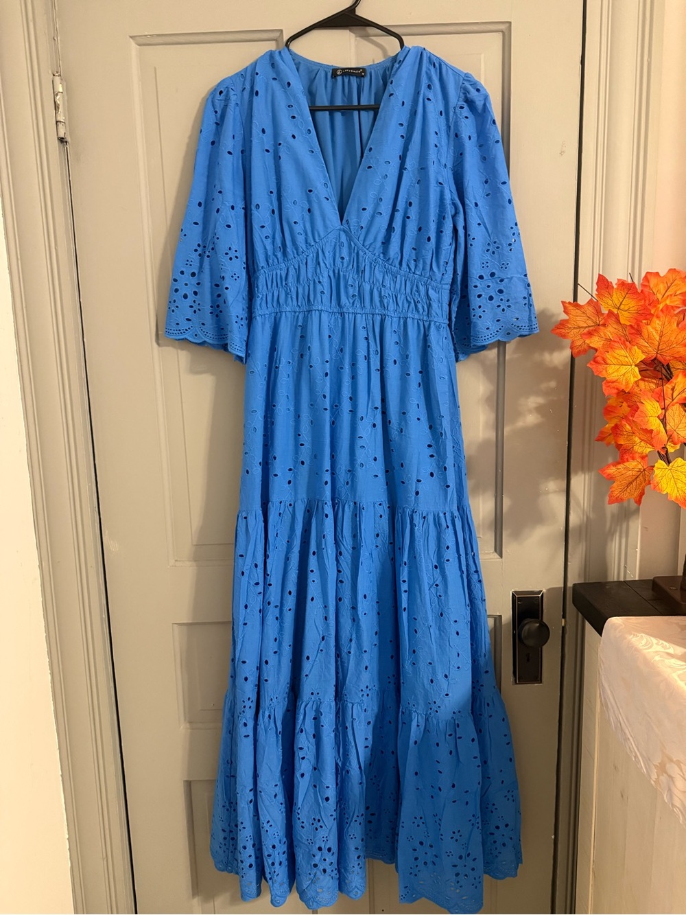 Blue Eyelet V-Neck Midi Dress